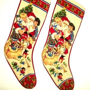 2pc vintage needlepoint CHRISTMAS STOCKING - Santa with little children whisperi